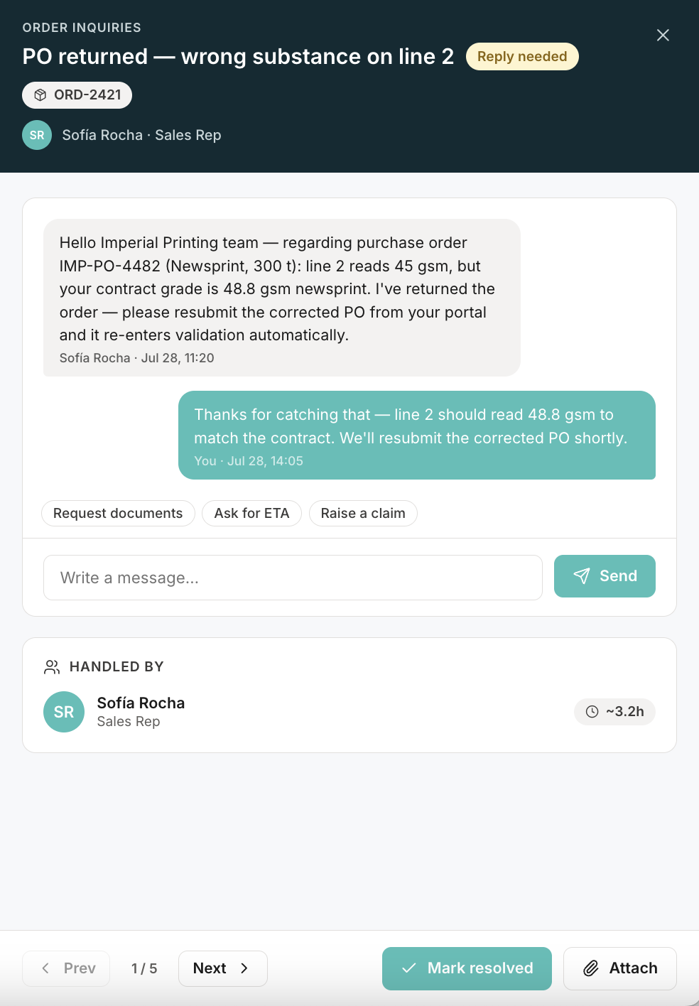 Messages & Support — order inquiry thread